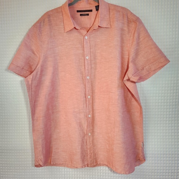 Perry Ellis Shirt Mens Linen Peach Short Sleeve Collared Button Cool XL - Picture 2 of 10